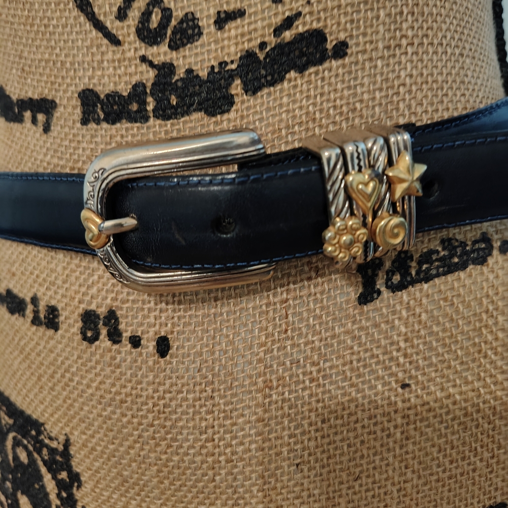 Brighton Navy Leather Belt with Gold-Tone Floral & Heart Charms